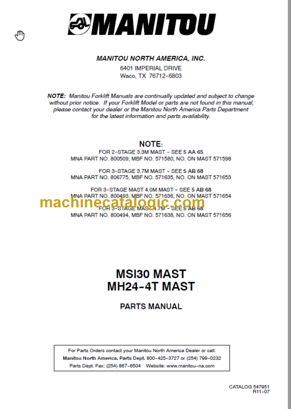 MANITOU MSI 30 MAST PARTS MANUAL