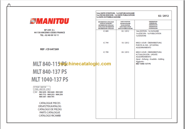 Manitou MLT 1040 PARTS CATALOGUE