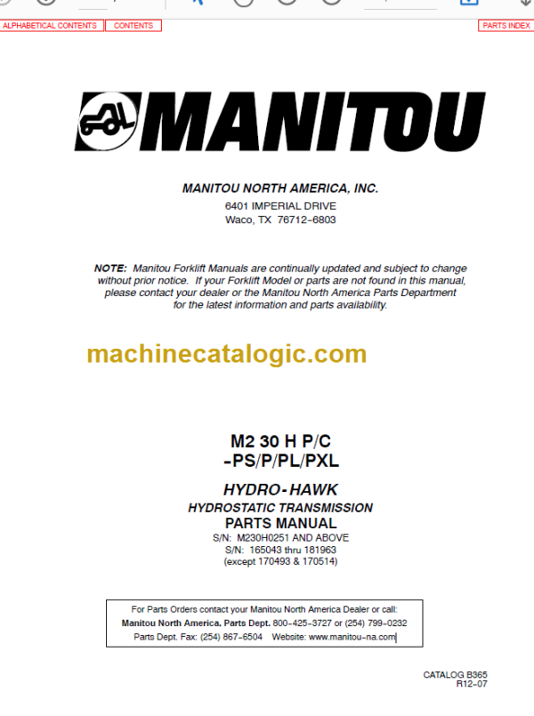 MANITOU M230-B365D PARTS MANUAL