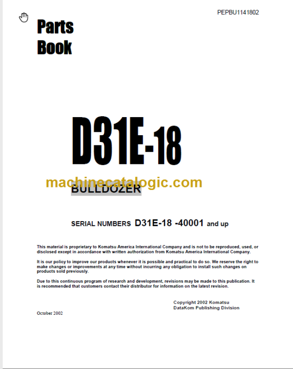 Komatsu D31E-18 Bulldozer Parts Book