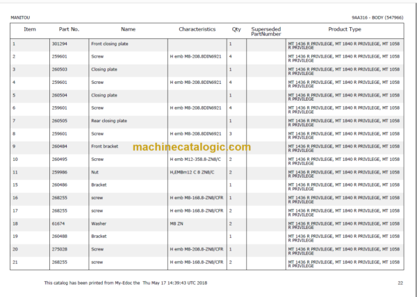 Manitou MT 1840 R PRIVILEGE Parts Catalogue