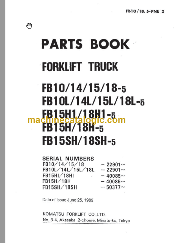 Komatsu FB(L)10 14 15 FB15H1 18H1 Forklift Truck Parts Book