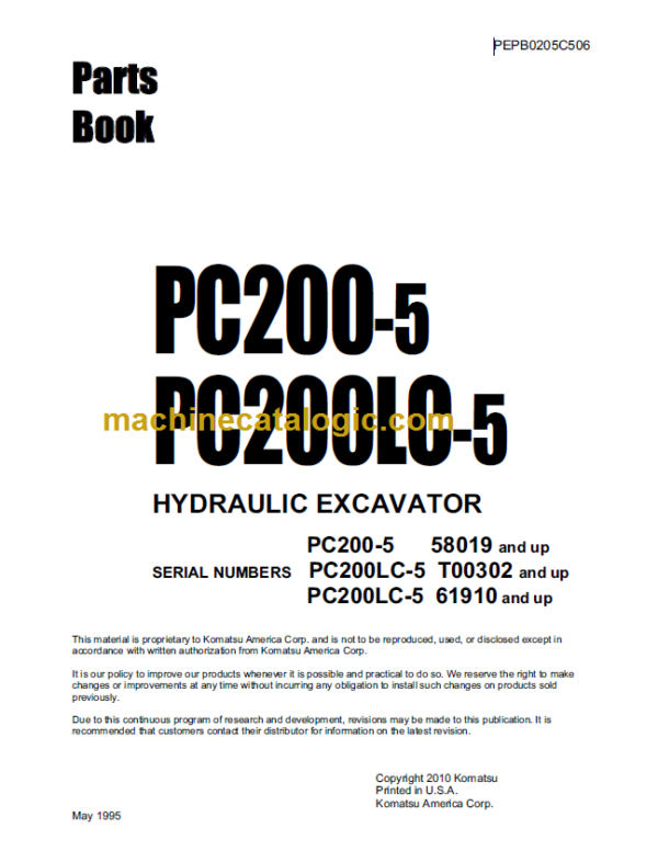 Komatsu PC200-5 PC200LC-5 Hydraulic Excavator Parts Book