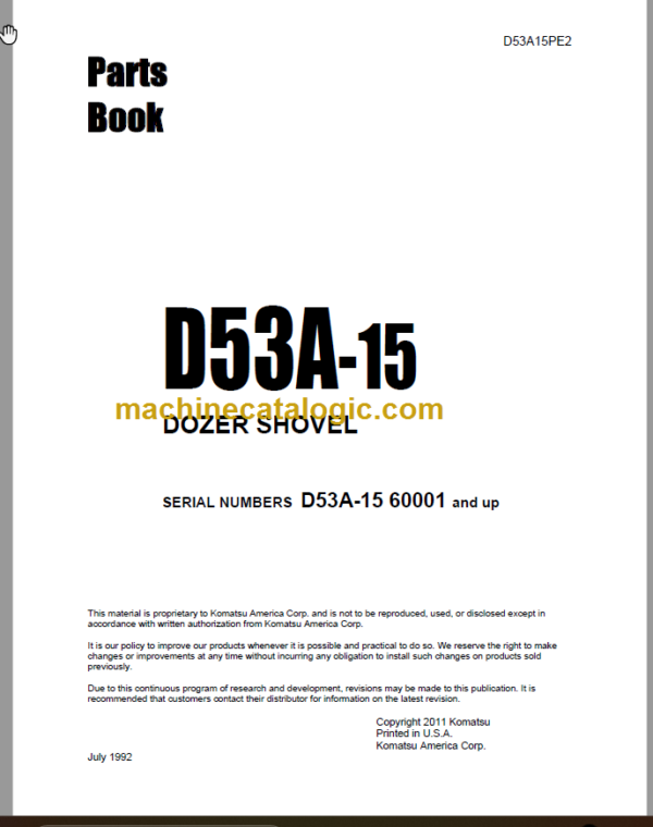 Komatsu D53A-15 Dozer Shovel Parts Book