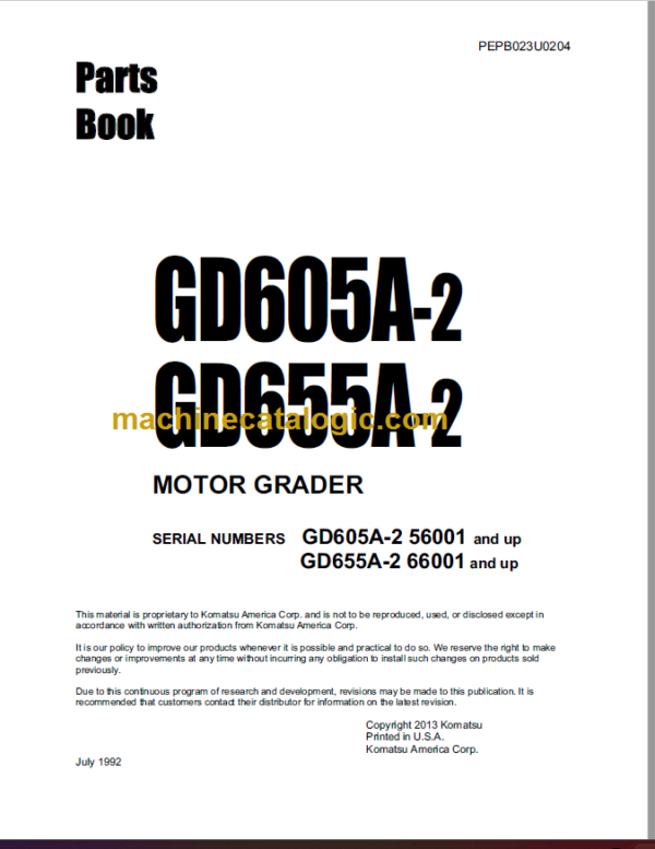 Komatsu GD605A-2 GD655A-2 Motor Grader Parts Book