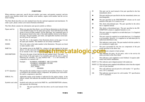 Komatsu PC100F-6 Parts Book