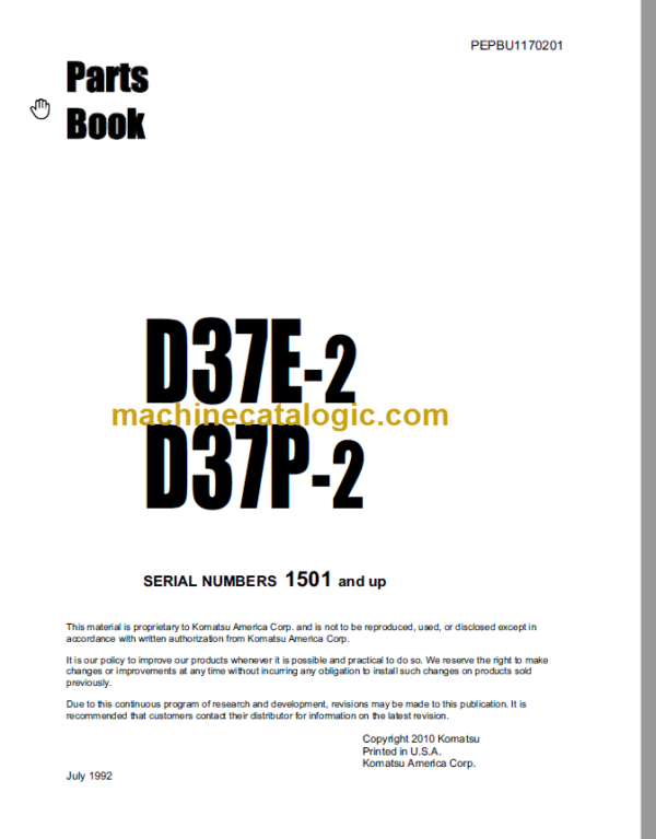 Komatsu D37E-2 D37P-2 Parts Book