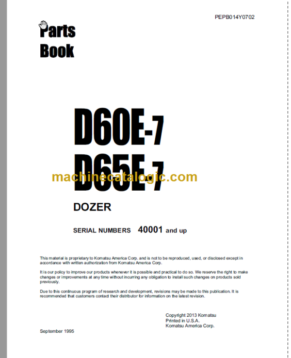 Komatsu D60E-7 D65E-7 Dozer Parts Book