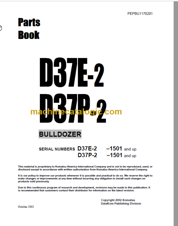 Komatsu D37E-2 D37P-2 Bulldozer Parts Book 1501 and Up