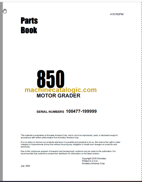 Komatsu 850 Motor Grader Parts Book