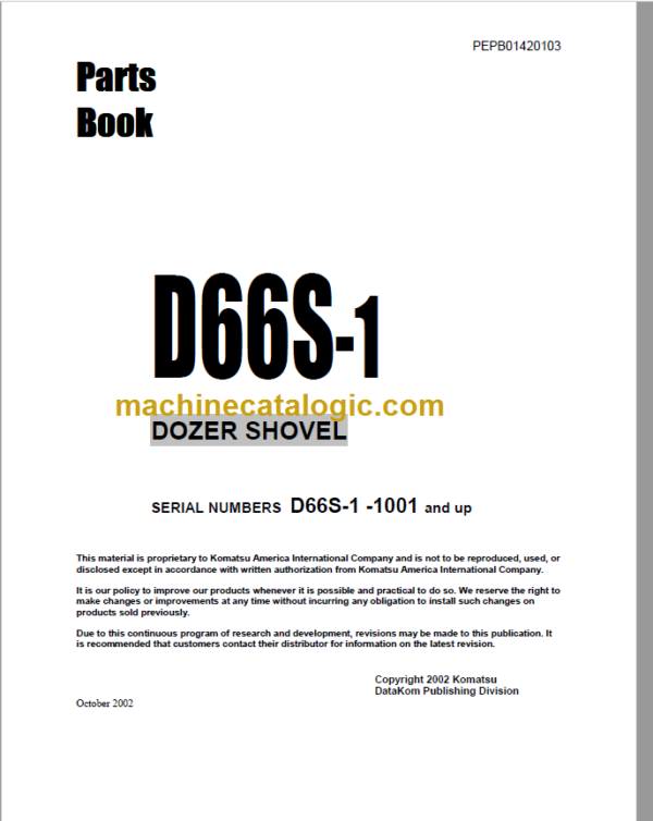 Komatsu D66S-1 Dozer Shovel Parts Book