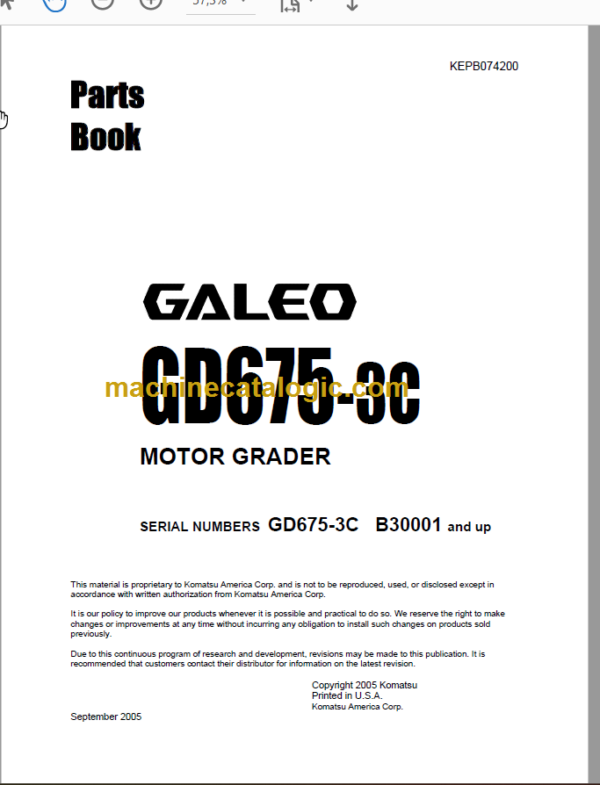Komatsu Galeo GD675-3C Motor Grader Parts Book
