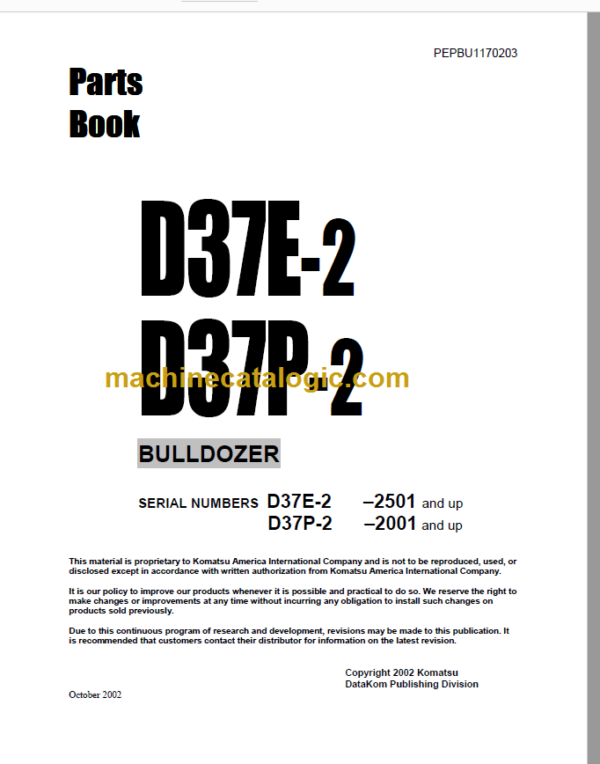 Komatsu D37E-2 D37P-2 Bulldozer Parts Book