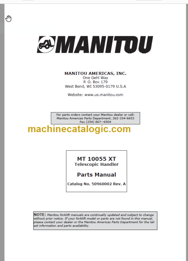 Manitou MT 10055 XT Telescopic Handler Parts Manual