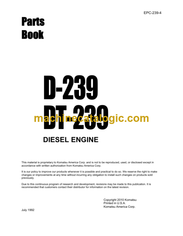 Komatsu D-239 DT-239 Diesel Engine Parts Book