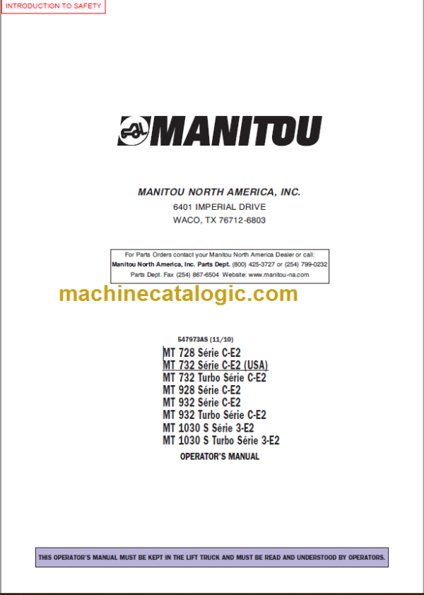 Manitou MT 1030 S S3-E2 OPERATOR'S MANUAL