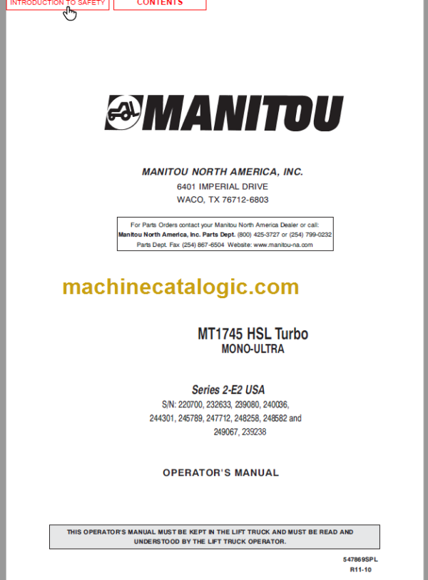 Manitou MT 1745 HSL E2 USA OPERATOR'S MANUAL