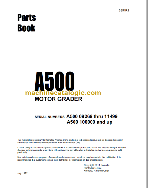 Komatsu A500 Motor Grader Parts Book