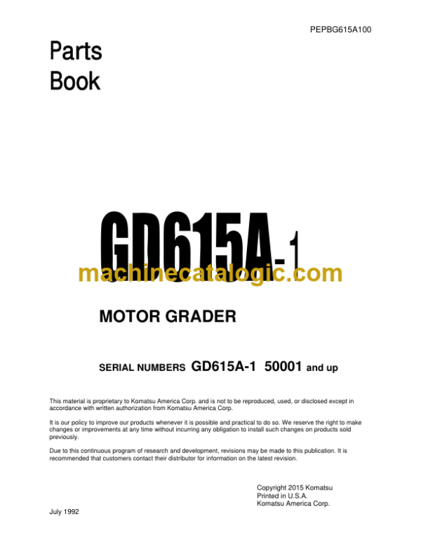 Komatsu GD615A-1 Motor Grader Parts Catalog