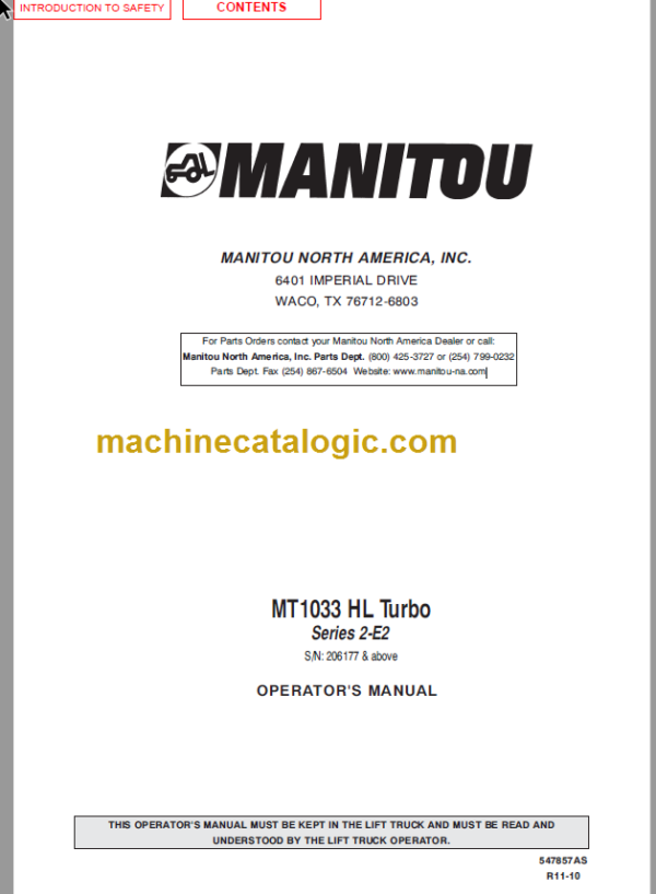 Manitou MT 1033 HL Turbo Series 2-E2 OPERATOR'S MANUAL