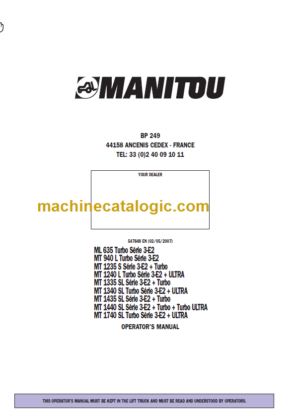 Manitou MT 1235 S OPERATOR'S MANUAL