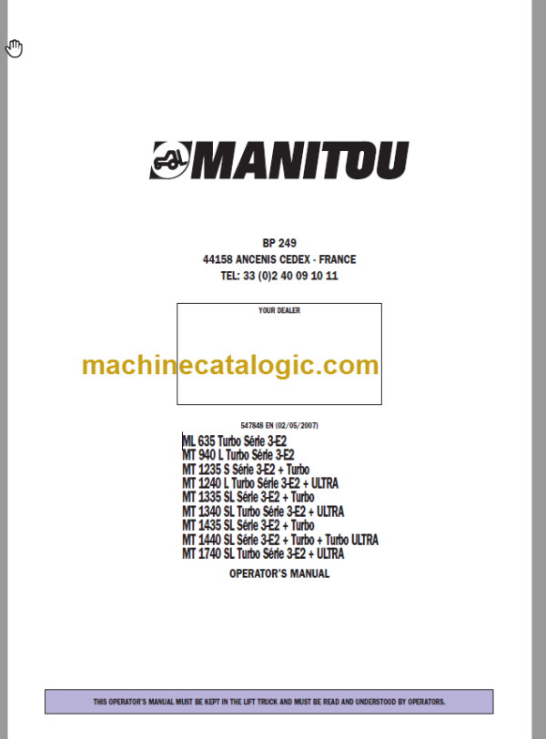 Manitou MT 1335 SL OPERATOR'S MANUAL