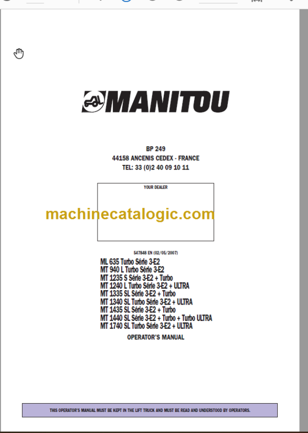 Manitou MT 1340 SL OPERATOR'S MANUAL