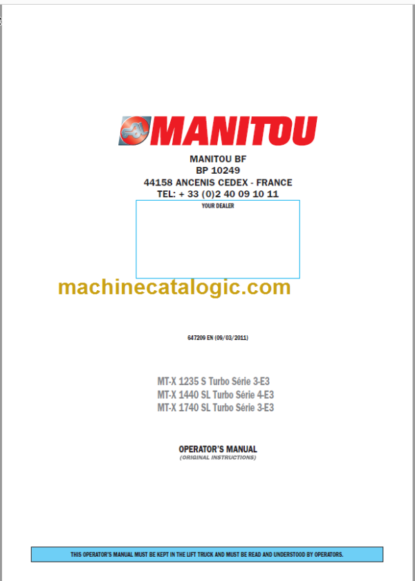 Manitou MT-X 1440 SL Turbo Série 4-E3 Operator's Manual