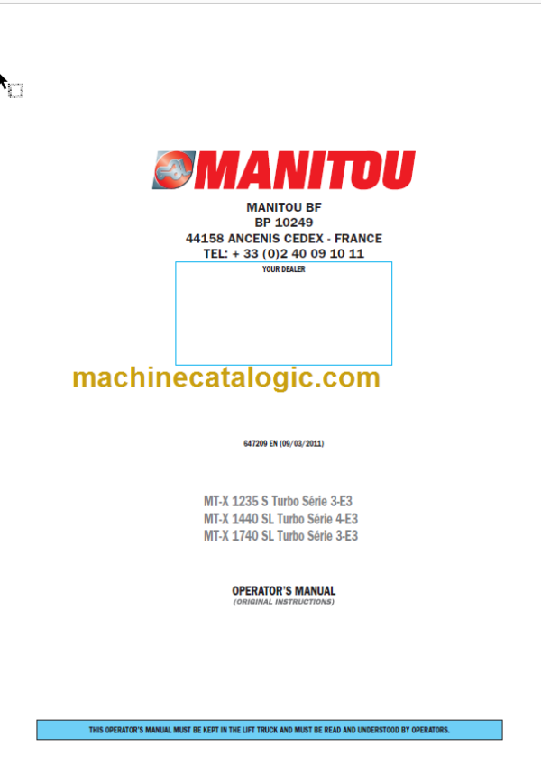 Manitou MT-X 1740 SL Turbo Série 3-E3 Operator's Manual