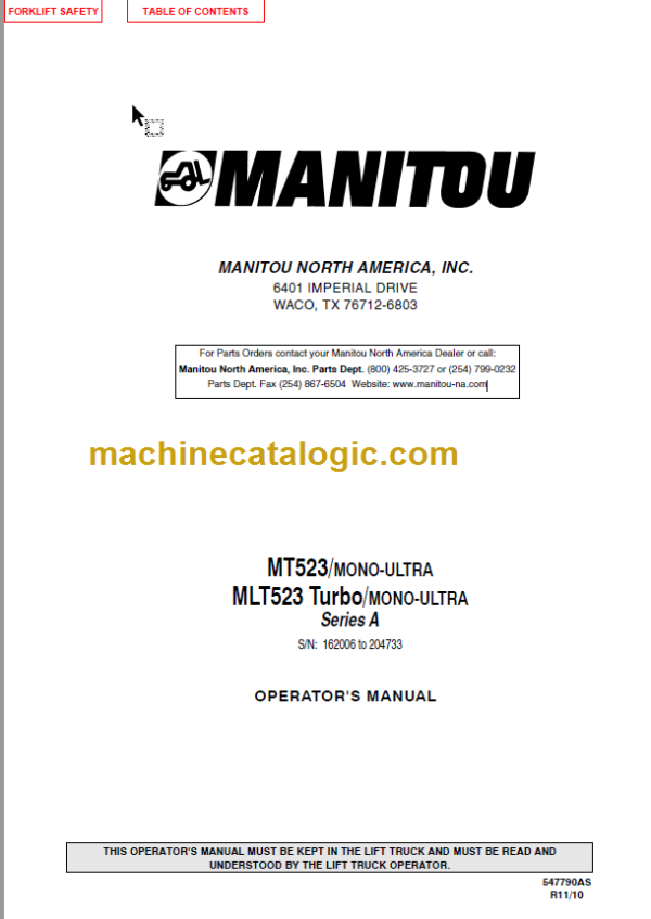 Manitou MT 523 OPERATOR'S MANUAL