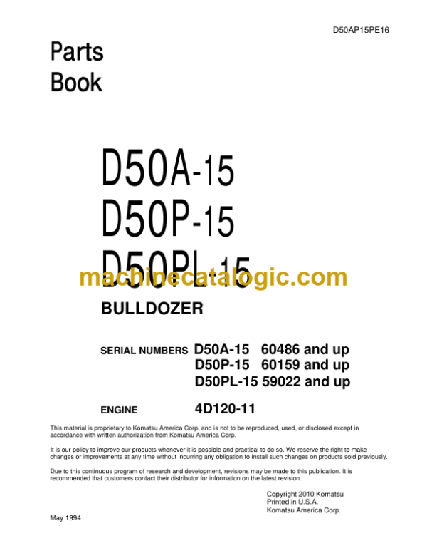 Komatsu D50A-15 D50P-15 D50PL-15 Bulldozer Parts Catalog