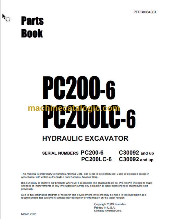 Komatsu PC200-6 PC200LC-6 Hydraulic Excavator Parts Book