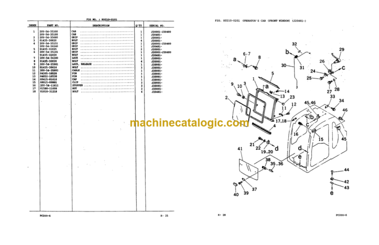 Komatsu PC200-6 PC200LC-6 Hydraulic Excavator Parts Book J20001 and up