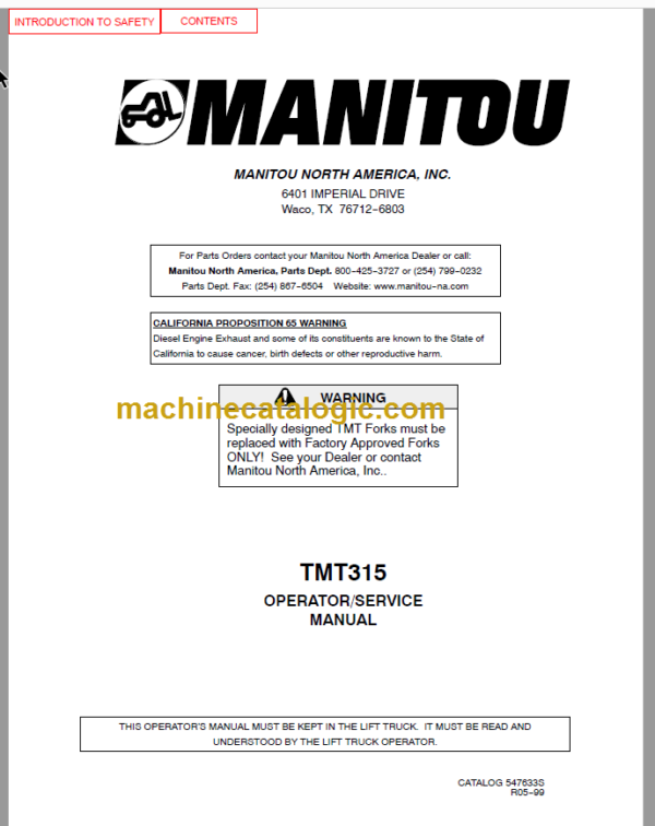 Manitou TMT 315 OPERATOR SERVICE MANUAL