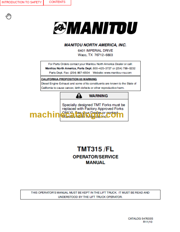 Manitou TMT 315 FL OPERATOR SERVICE MANUAL