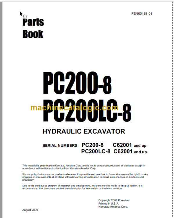 Komatsu PC200-8 PC200LC-8 Hydraulic Excavator Parts Book