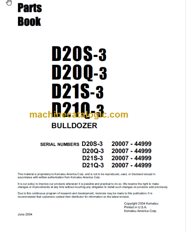 Komatsu D20S-3 D20Q-3 D21S-3 D21Q-3 Bulldozer Parts Book