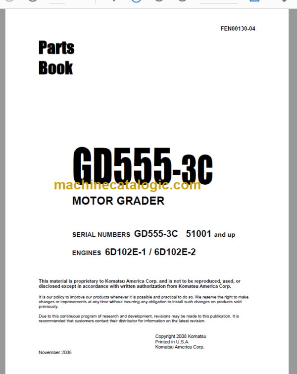 Komatsu GD555-3C Motor Grader Parts Book