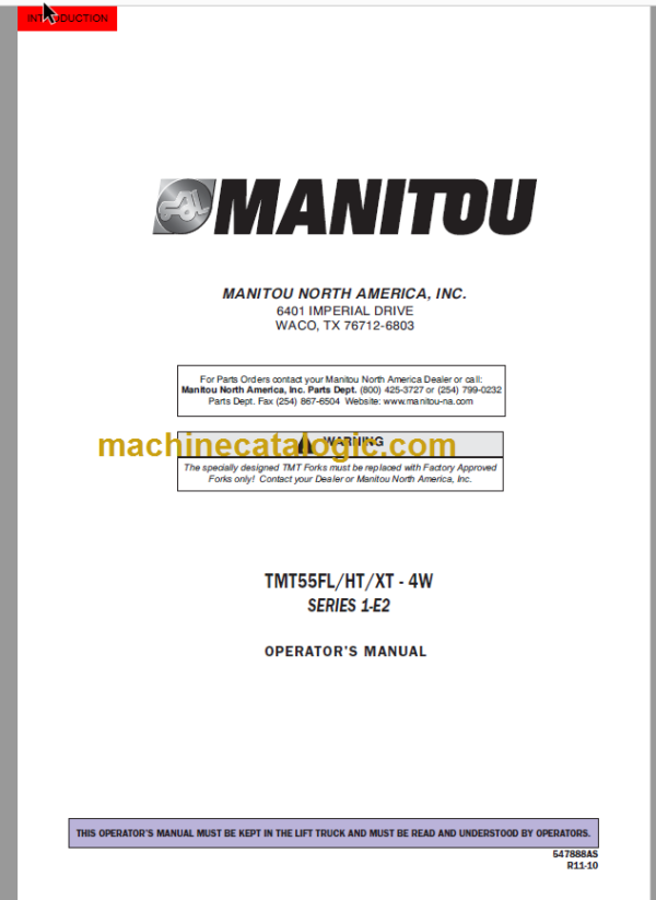 Manitou TMT 55FL HT XT 4W S1-E2 OPERATOR'S MANUAL