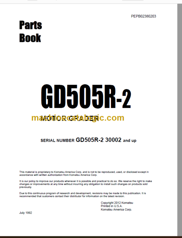 Komatsu GD505R-2 Motor Grader Parts Book