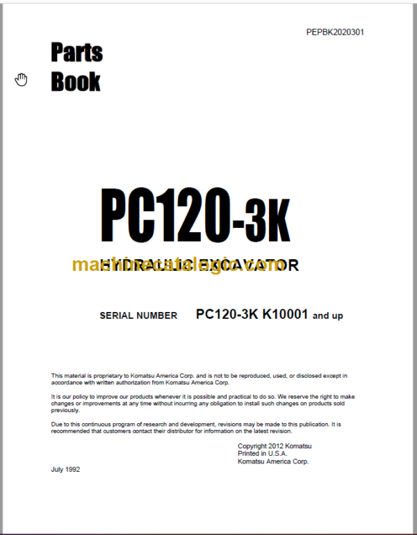 Komatsu PC120-3K Hydraulic Excavator Parts Book