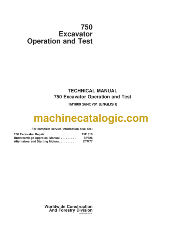 John Deere 750 Excavator Operation and Test Technical Manual