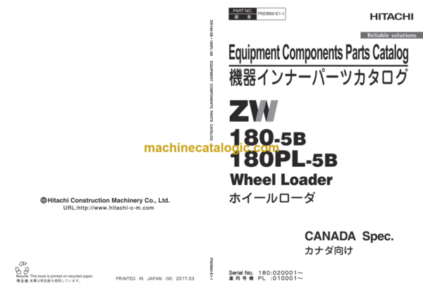 Hitachi ZW180-5B ZW180PL-5B Wheel Loader Equipments Components Parts Catalog