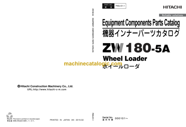 Hitachi ZW180-5A Wheel Loader Equipment Components Parts Catalog