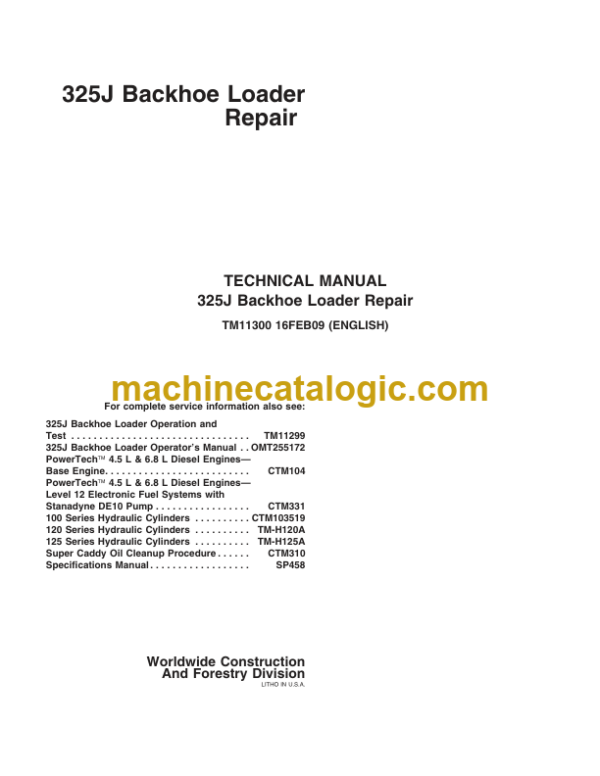 John Deere 325J Backhoe Loader Repair Technical Manual