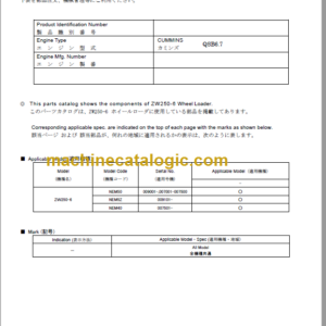 Hitachi ZW250-6 Wheel Loader Parts Catalog