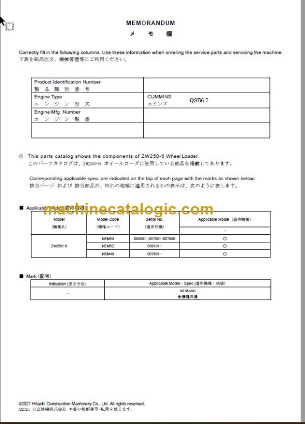 Hitachi ZW250-6 Wheel Loader Parts Catalog