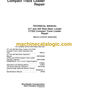 John Deere 317 and 320 Skid Steer Loader CT322 Compact Track Loader Repair Technical Manual (TM2152 31OCT07)