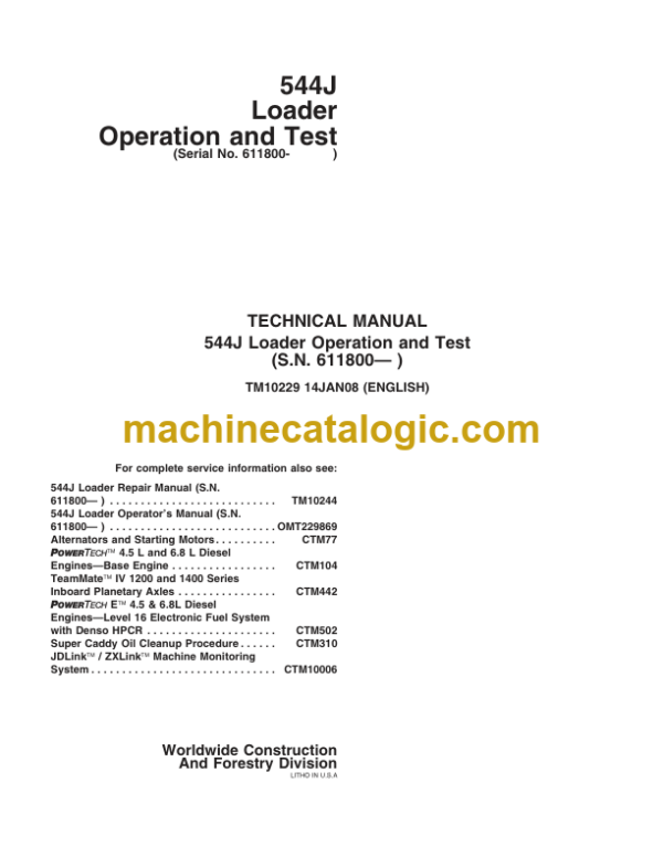 John Deere 544J Loader Operation and Test (SN 611800— ) Technical Manual