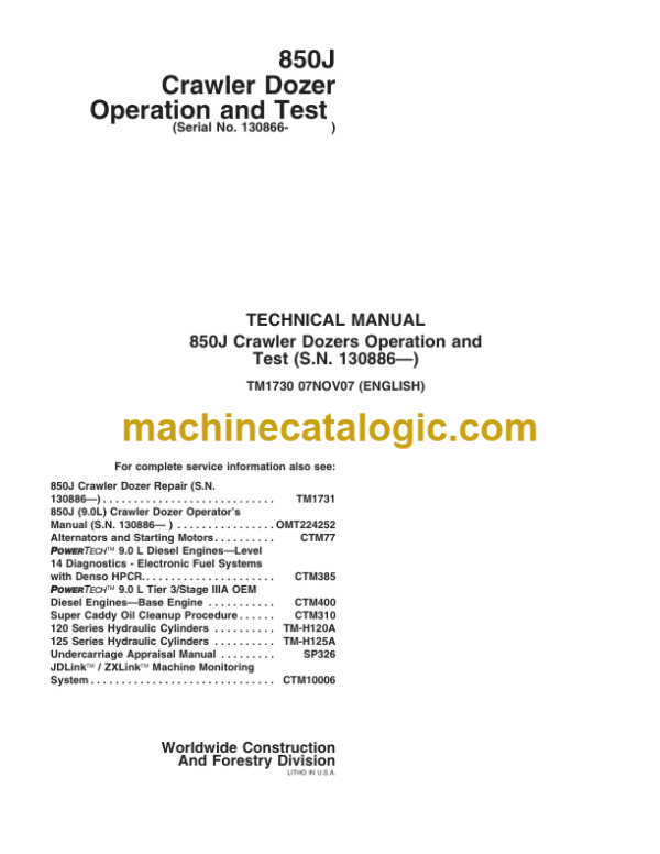 John Deere 850J Crawler Dozers Operation and Test Technical Manual